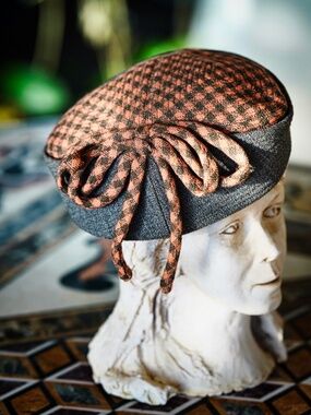 Vintage 50s Gingham Pillbox Hat | Orange & Black Checkered Wool Cloche